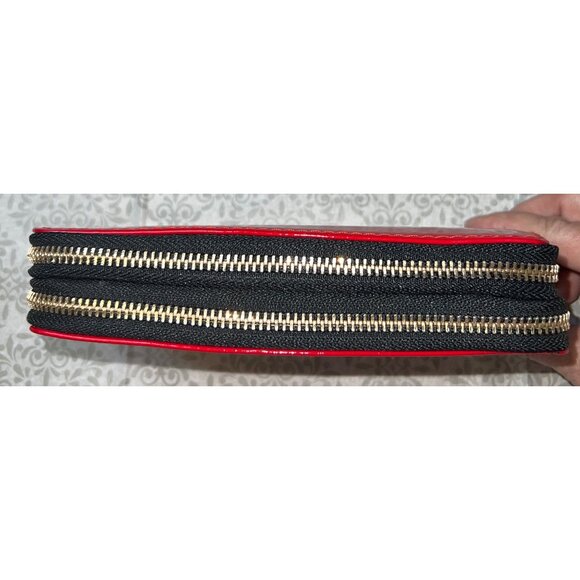 Red Patent Leather Double-Zipper Wallet Multiple Compartments & Gold Hardware - Picture 2 of 3